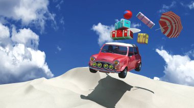 3d illustration of car loaded with suitcases between  fields
