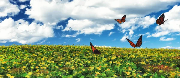 Illustration Von Schmetterlingen Fliegen Und Blumen Feld — Stockfoto