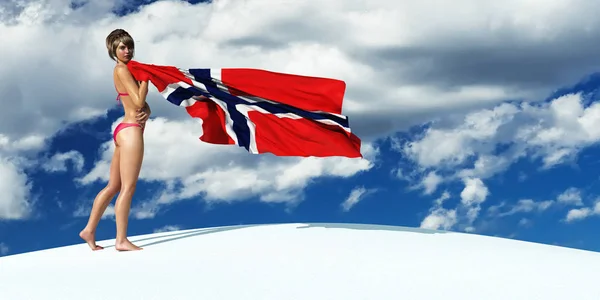 3d illustration of the woman and flag of norway