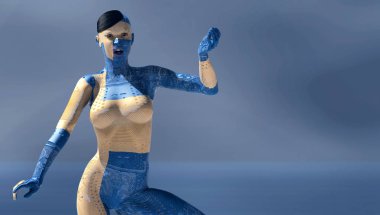 3d illustration of woman with electronic and flag of Sweden tattoos 