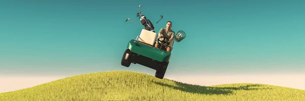ジャンプ3Dイラストを与えるゴルフカート付きゴルフプレーヤー — ストック写真