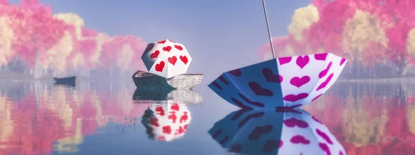Sombrillas con dibujos de corazones en un barco flotando en un lago — Foto de Stock
