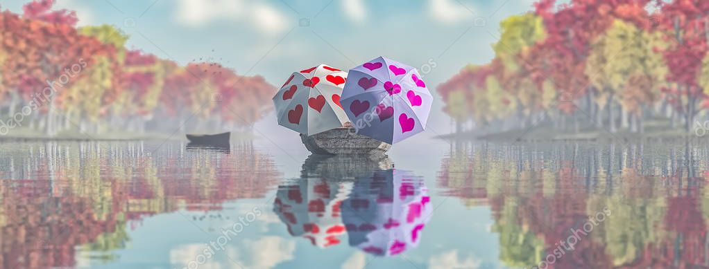 Umbrellas with drawings of hearts in a boat floating on a lake — Stock Image Umbrellas with drawings of hearts in a boat floating on a lake Stock Picture