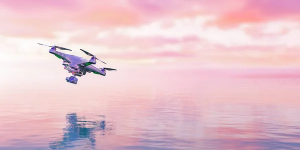 3d illustration of drone flying over the sea at water level
