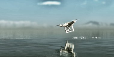 Su seviyesinde deniz üzerinde uçan İHA 'nın 3D çizimi