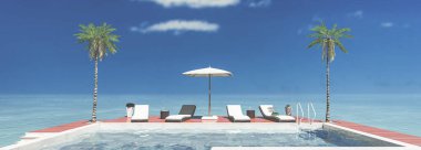 Deniz kenarındaki güneşli havuzun 3D çizimi