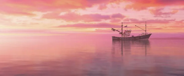 Απεικόνιση Ενός Όμορφου Ηλιοβασιλέματος Στη Θάλασσα Ένα Αλιευτικό Σκάφος Ιστιοπλοΐα — Φωτογραφία Αρχείου
