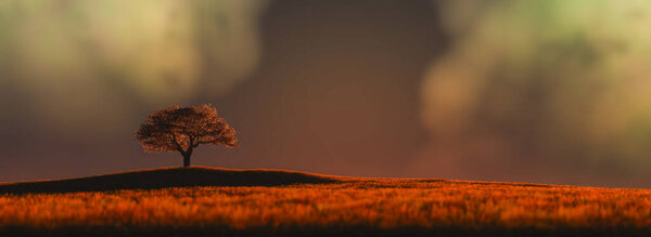 3d illustration of a lonely tree in a cultivated field