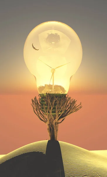 風力タービンを内蔵した電球を使用して 緑と持続可能なエネルギーの概念の3Dイラスト — ストック写真