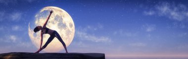 Yoga yapan kadın 3 boyutlu illüstrasyon ve ay yapıyor.
