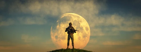 武装した兵士の護衛と月の3Dイラスト — ストック写真
