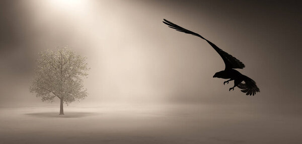 Трехмерная иллюстрация Eagle flying in the clouds at dawn