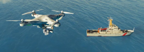 3D说明海岸警卫队船只和无人驾驶飞机 — 图库照片