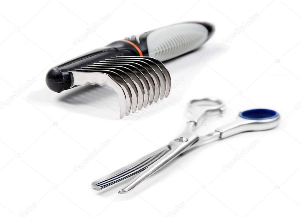Pet grooming tools on white