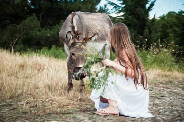 Digital oil painting of little girl feeding the donkey — Stock Photo, Image