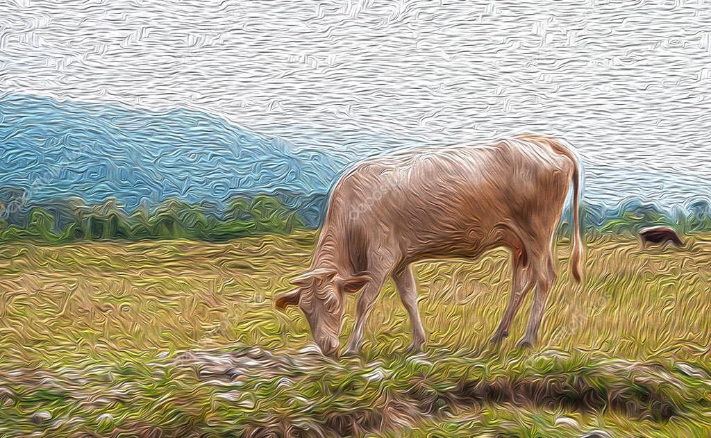 Digital oil painting of cows in the field 