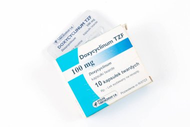 TBILISI, GEORGIA - 18 Nisan 2020: Doxyciclin antibiyotik tıbbı