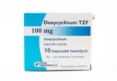 TBILISI, GEORGIA - 18 Nisan 2020: Doxyciclin antibiyotik tıbbı