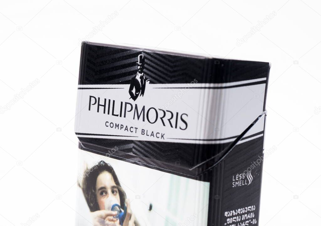 TBILISI, GEORGIA- April 18, 2020: Philip Morris compact black cigarette box closeup