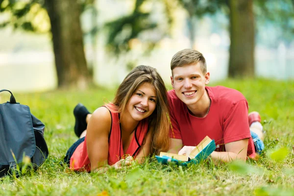 Пара успешных студентов с учебником в парке в солнечный день — стоковое фото