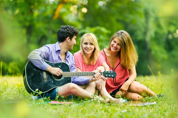Группа успешных студентов с гитарой, отдыхающих в парке — стоковое фото