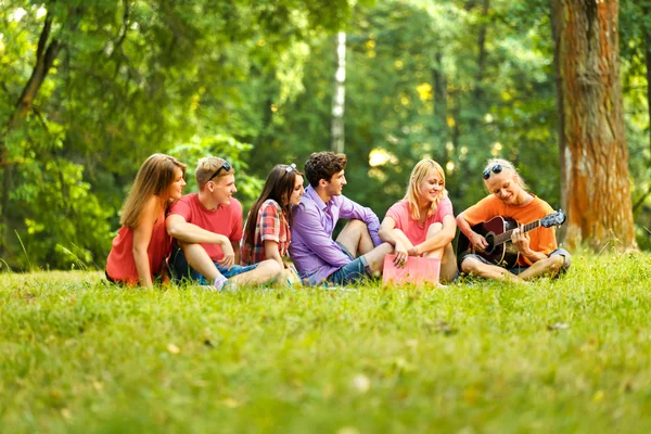 Grupa studentów z gitarą odpoczynku w parku — Zdjęcie stockowe