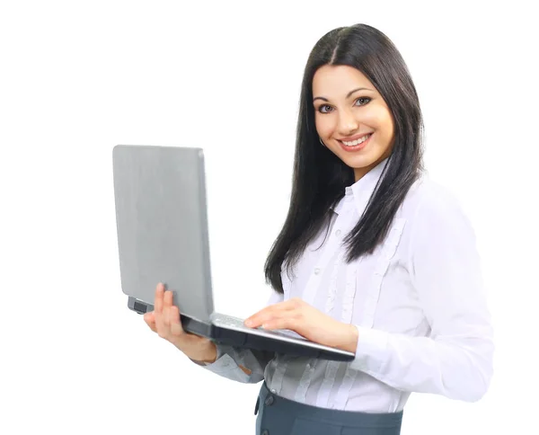 Administrador mulher com laptop no fundo branco — Fotografia de Stock