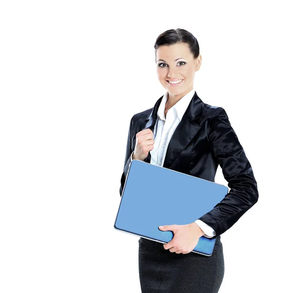 Beautiful young female entrepreneur holding laptop — Stock Photo, Image