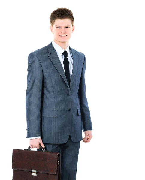 Young business man on a white background smiling with briefcase — Stock Photo, Image