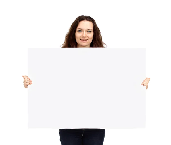 Pohledný podnikatel drží velký plakát pro reklamní panely — Stock fotografie