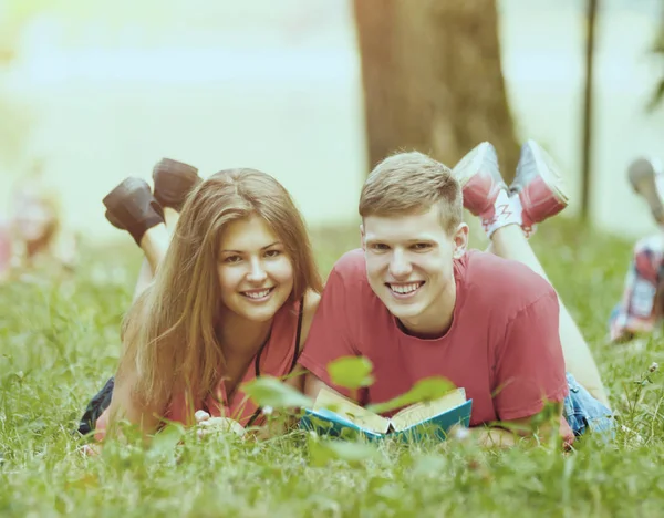 Par estudiantes exitosos con un libro de texto en Park on Sunny —  Fotos de Stock