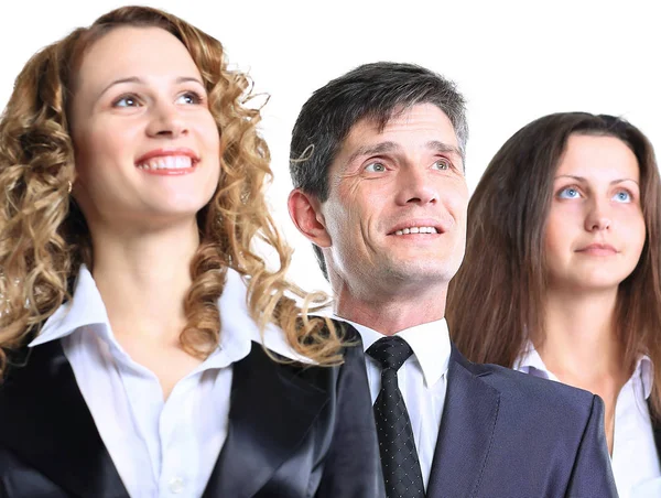 Group friendly business with happy female leader looking aside privately, and up to a virtual billboard — Stock Photo, Image