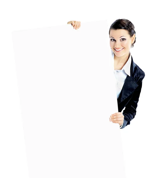 Mooie zakenvrouw met een witte banner. — Stockfoto