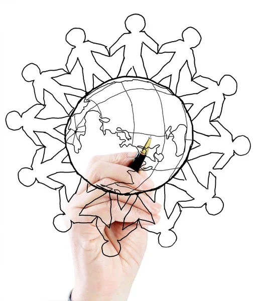 Hombre de negocios dibujando el mapa del mundo en la manija del soporte de cristal — Foto de Stock