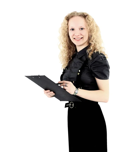 Mulher de negócios agradável loira com um relatório em suas mãos — Fotografia de Stock
