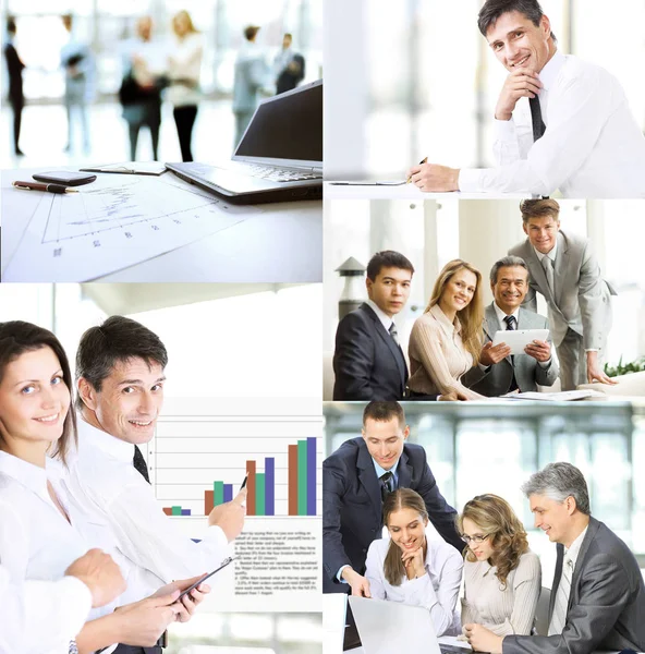 Gente de negocios en las diferentes situaciones de capacitaciones, presentaciones, negociaciones y trabajo conjunto, fotos de collage en estilo — Foto de Stock