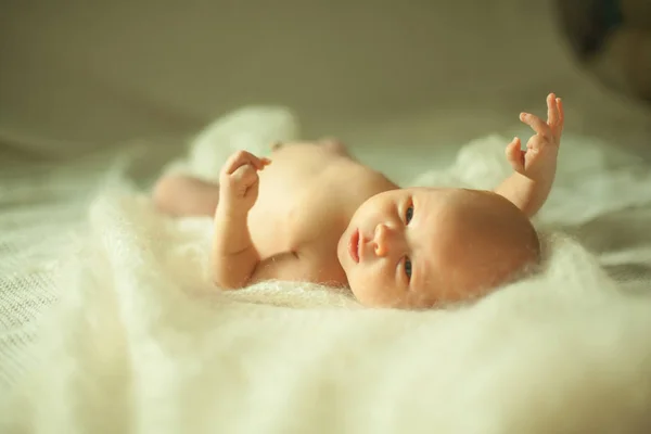 Portret van een pasgeboren baby in het bed van de ouders. — Stockfoto