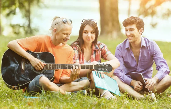 Grupo de estudantes com uma guitarra descansando no parque em um dia ensolarado — Fotografia de Stock