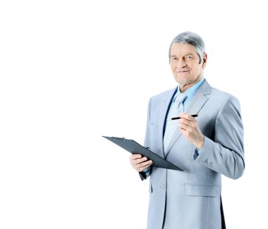 Yaşında, güzel iş adamı iş planı yazıyor. Beyaz arka plan üzerinde izole.