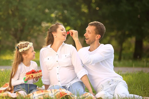 Familienporträt, schwangere Mutter, glücklicher Vater und Tochter auf einem — Stockfoto