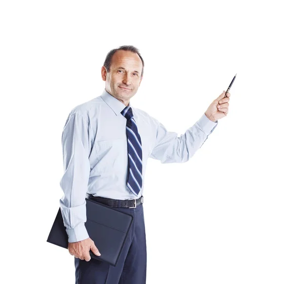 Erfolgreicher Geschäftsmann mit Dokumenten in der Hand auf weißem Hintergrund zeigt einen Griff auf Ihren Text — Stockfoto