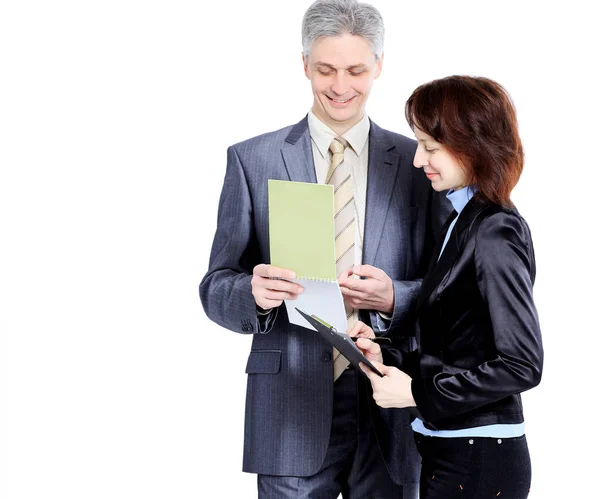 Mensen uit het bedrijfsleven, bespreking van het Verdrag. Geïsoleerd op witte achtergrond. — Stockfoto