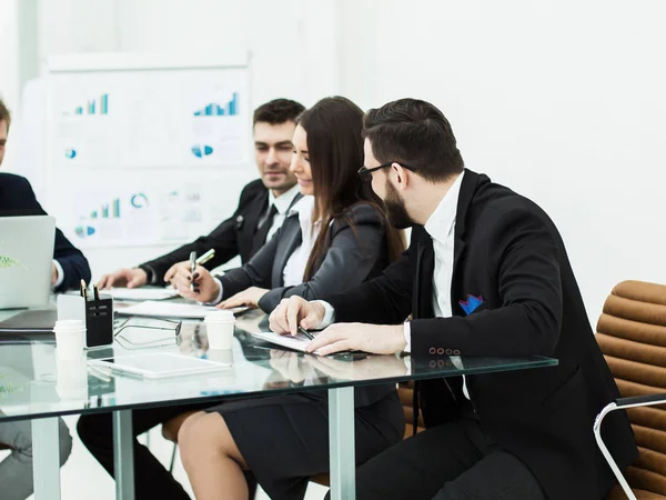 Business team prepares the presentation of a new financial project on a workplace — Stock Photo, Image