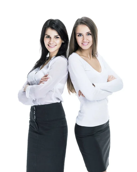 Dvě mladé úspěšné atraktivní obchodní zahalené bílým pozadím — Stock fotografie