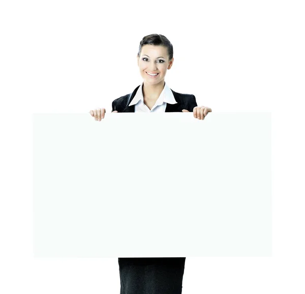 Beautiful business woman with a white banner. Isolated on white background. — Stock Photo, Image