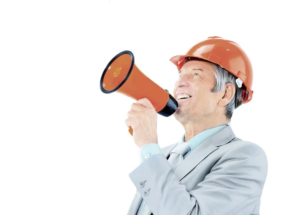 An experienced architect of an age looks up and yells into shout. — Stock Photo, Image