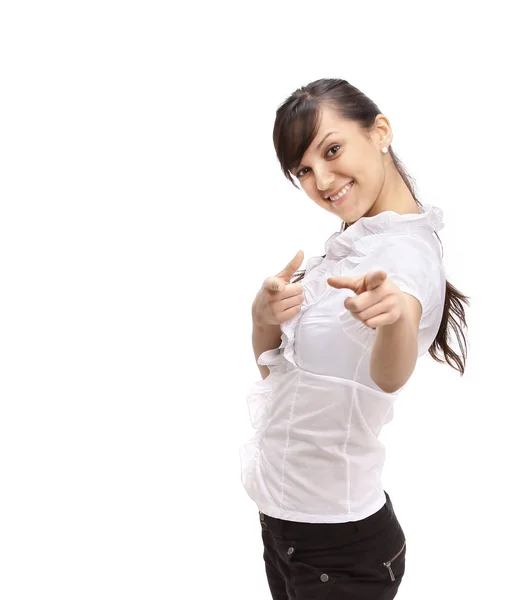 Beautiful business woman showing a finger at you, standing on a white background — Stock Photo, Image