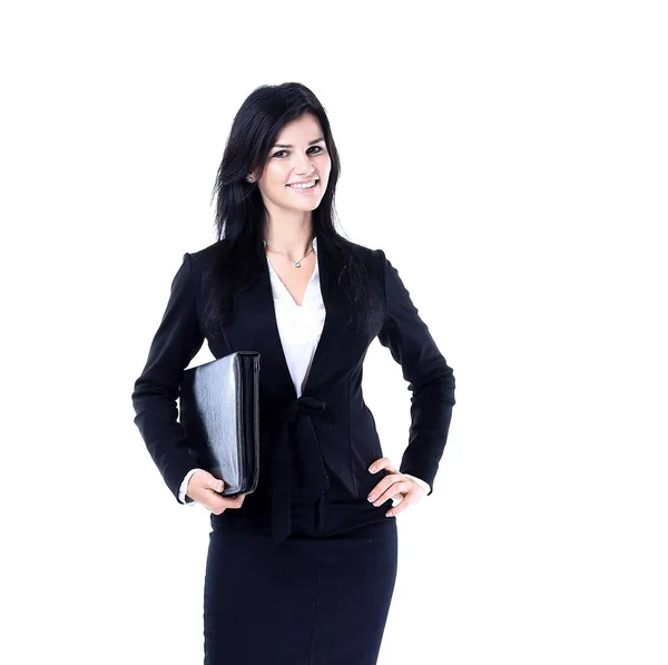 Retrato de feliz joven mujer de negocios aislado fondo blanco —  Fotos de Stock