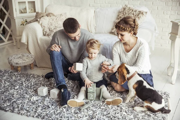Familia feliz jugando con un perro mascota en la amplia sala de estar — Foto de Stock