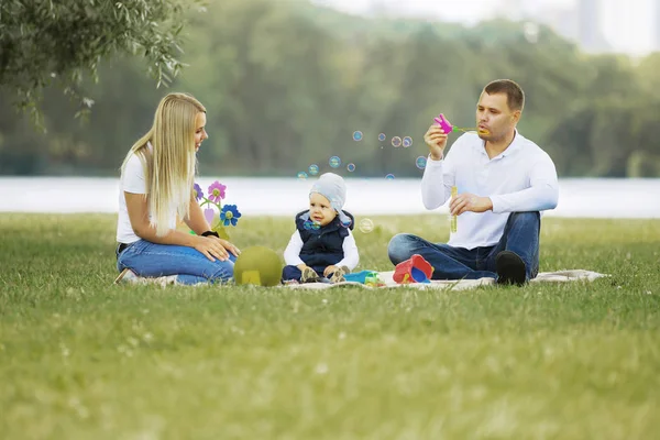 Отец, мать и маленький сын на пикнике в парке . — стоковое фото